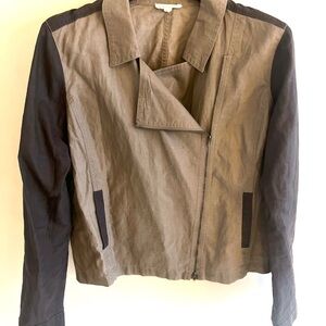 Eileen Fisher Organic Linen Asymmetric Zip Moto Jacket Stone Green Sz XL